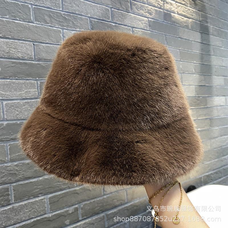 Autumn and winter new solid color bucket hat women's fashion show small face warm fluffy basin hat simple imitation mink bucket hat