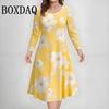 Autumn Winter Women's Print Long Sleeve Dresses Vintage Elegant A-Line Dress 3D Flowers Graphic Casual Plus Size Dress