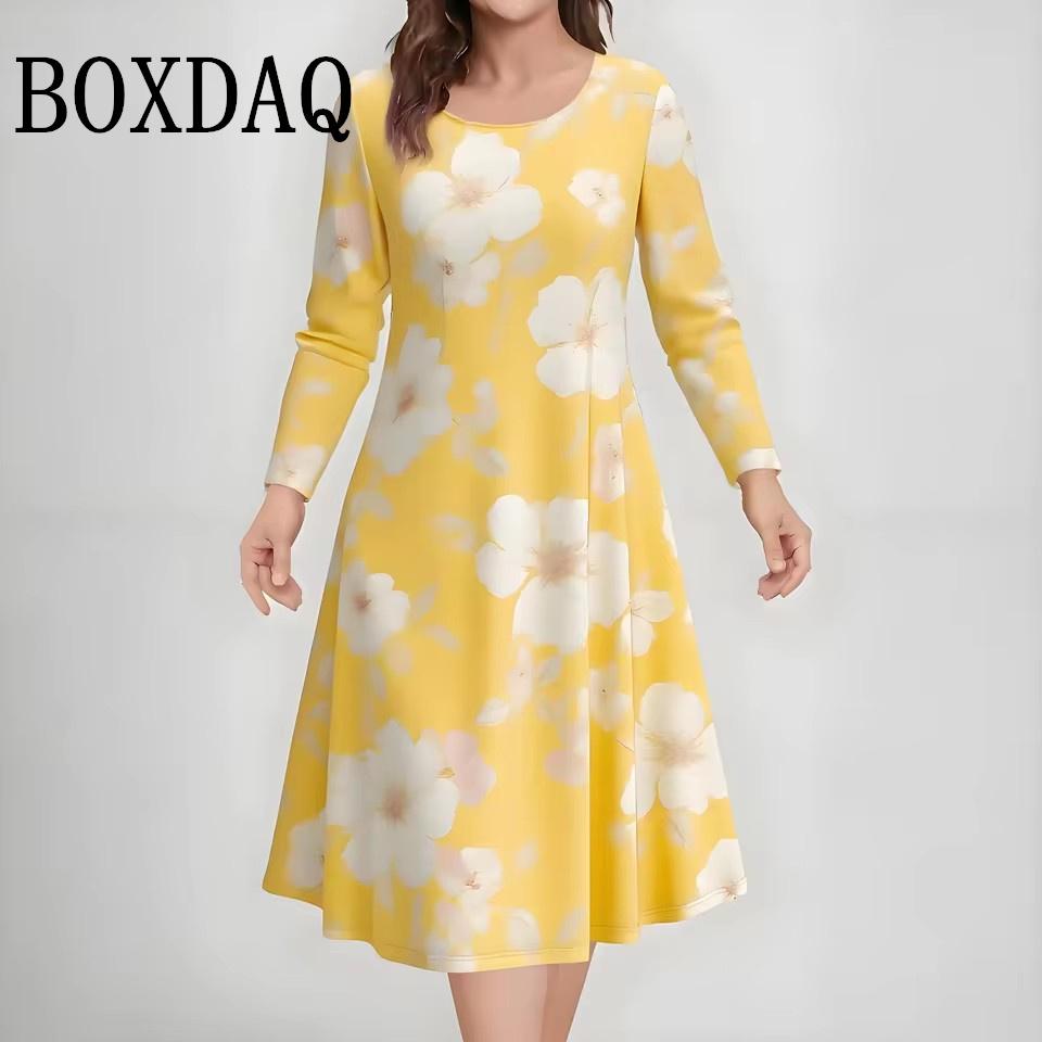 Autumn Winter Women's Print Long Sleeve Dresses Vintage Elegant A-Line Dress 3D Flowers Graphic Casual Plus Size Dress