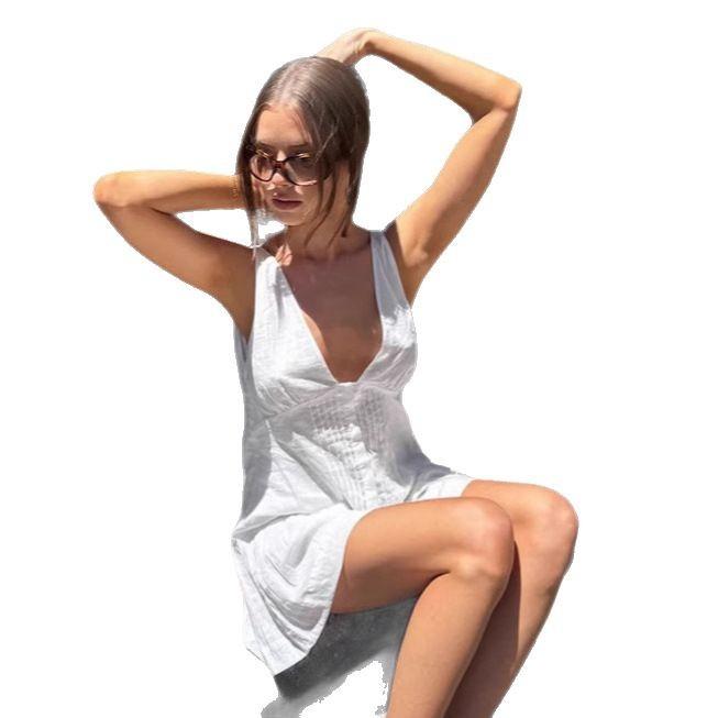 French Minimalist Temperament White Vest Skirt Women's Summer Fashion V-neck Dress Coffee Break Skirt Women's Clothing