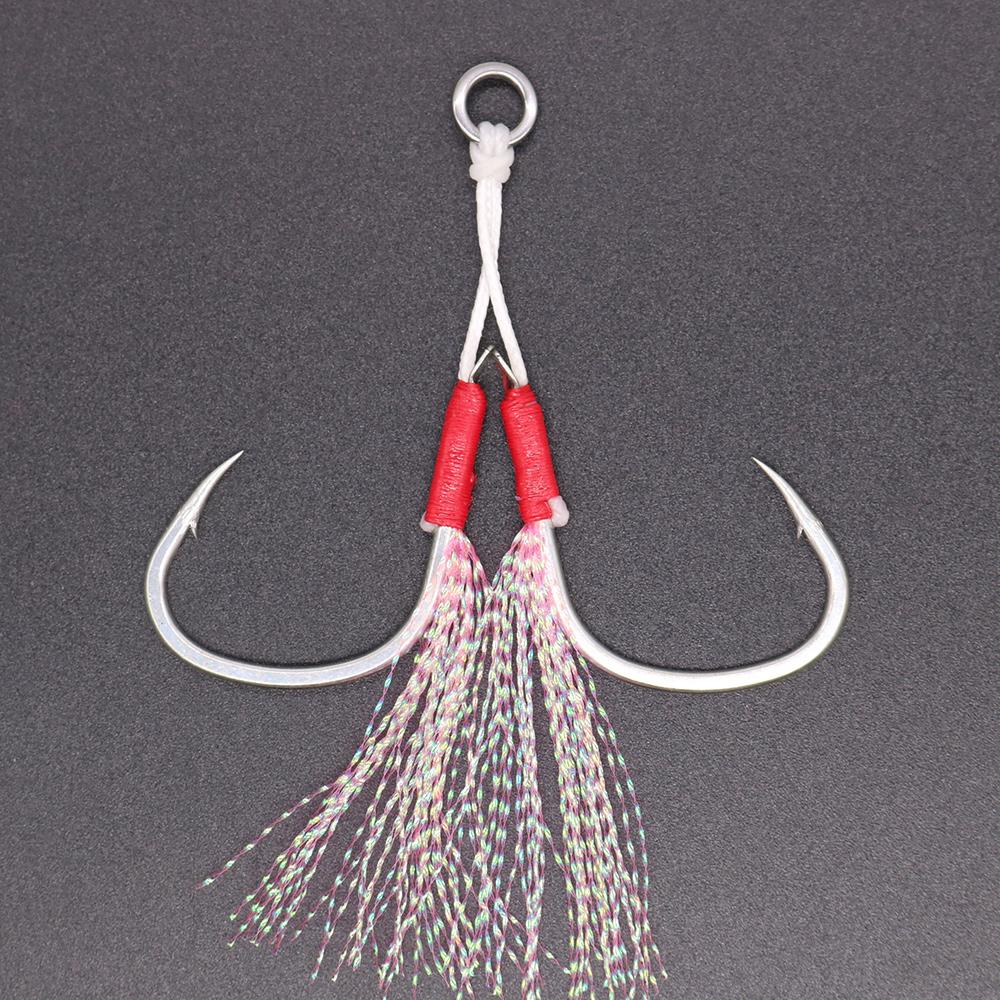 Jigging Pro Double Assist Hook With Flash 1/0 2/0 3/0 4/0 5/0 Slow Jig Hook High Carbon Steel Saltwater Fishing Hook (Red,1/0) красный