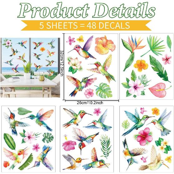 Variety Leaves, Hummingbird & Colorful Birds Window Clings for Glass Windows, Prevent Bird Strikes Double-Side Static Decals Anti Collision Glass