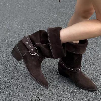 Vintage Suede Western Boots Women 2025 New Summer Pointed Toe Belt Buckle Non-Slip Block Heel Travel Boots