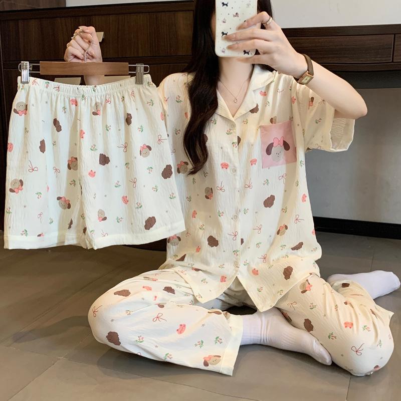 High-Value Floral Puppy Cloud Cotton Pajamas Women'S Summer Sweet Short-Sleeved Three-Piece Loungewear