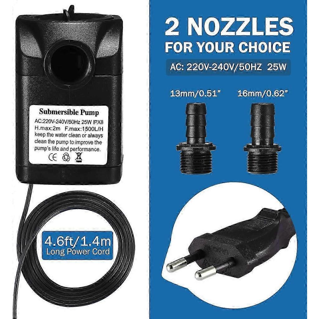 1500L/H Submersible Water Pump, 25W Ultra Quiet Aquarium Pump with 48hs Dry Burning, Fountain Pump with 5ft Power Cord and 2 Nozzles, Water Pump for A