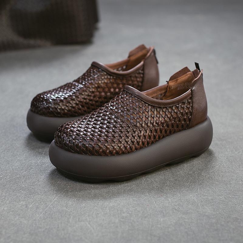 Johnature Retro Hollow-out Breathable Woven Genuine Leather Thick Soled Sandals Simple Women's Platform Shoes