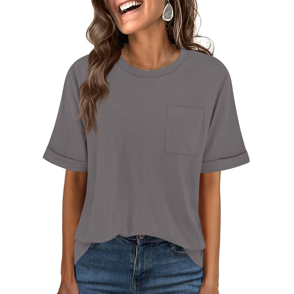 Women Oversized T Shirts Short Sleeve Summer Casual Loose Crewneck Basic Tee with Front Pocket Top