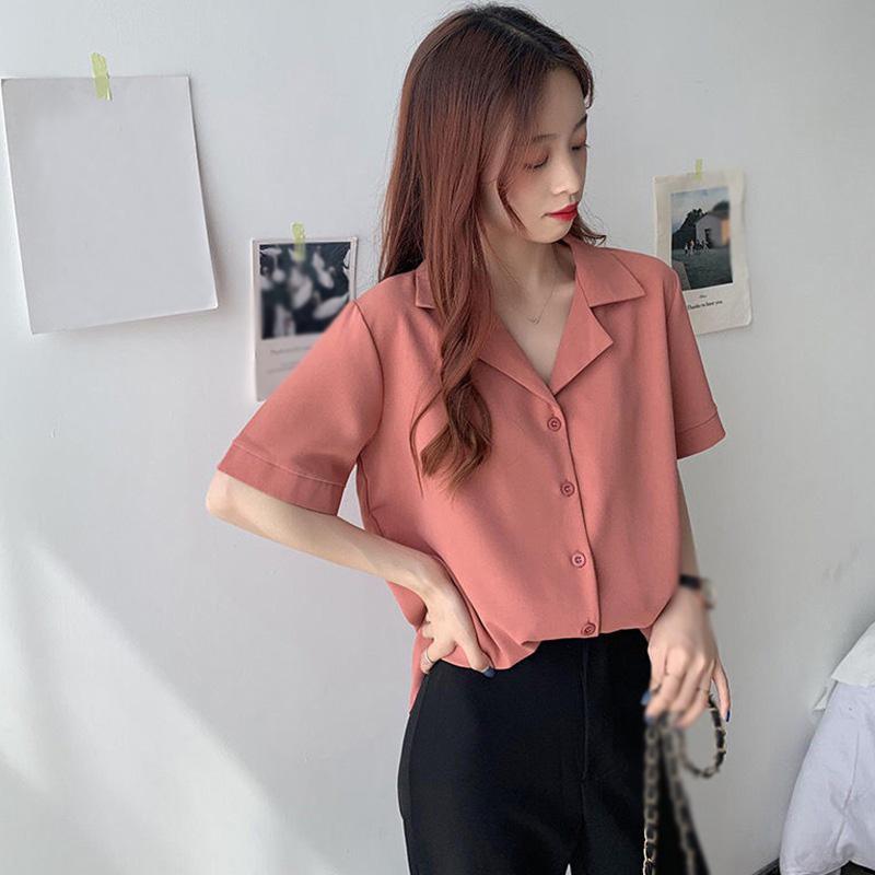 

Рубашки женские с карманами, однотонные, с коротким рукавом, повседневные, милые, простые летние укороченные топы, женская шикарная уличная одежда XL