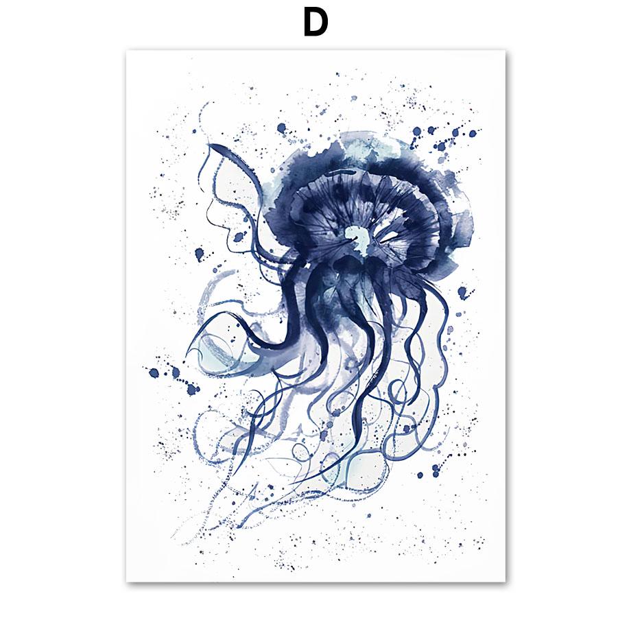 Ocean Animal Navy Blue Hamptons Sea Life Turtle Nursery Wall Art Canvas Painting Nordic Poster Wall Picture Baby Kids Room Decor