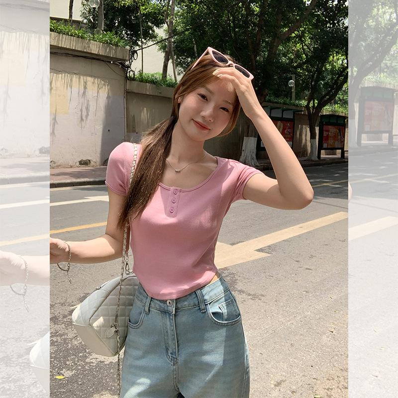 Pure Desire Sweet Girl Bm Wind Button Design Front Shoulder Short-sleeved T-shirt Women's Summer Small Slim-fitting Waist Short Top