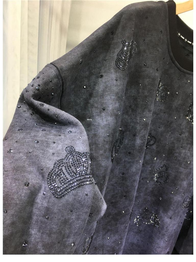 European Crown Hotfix Diamond Sweater - Plus Size, Velvet-Lined, Round Neck, Long Sleeve Luxury Top