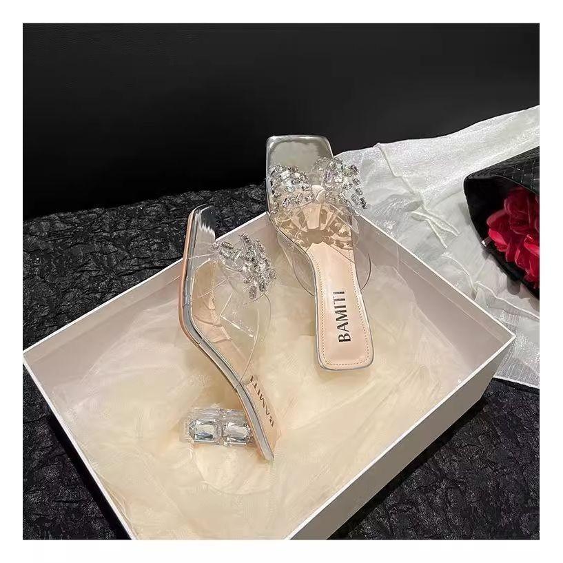 Rhinestone transparent one-word slippers women's summer 2025 new fashion thick heels high heels outer wear square head cool slippers