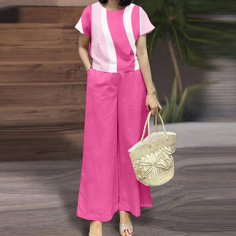 ZANZEA Damen Kurzarm Print Bluse und Hose Lässige Zweiteiler Anzugsets