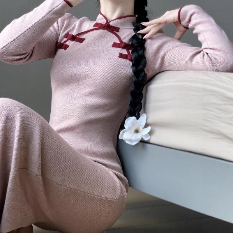 Cheongsam improved disc buckle stand-up collar dress women's middle school slim and thin girl elastic knitted skirt