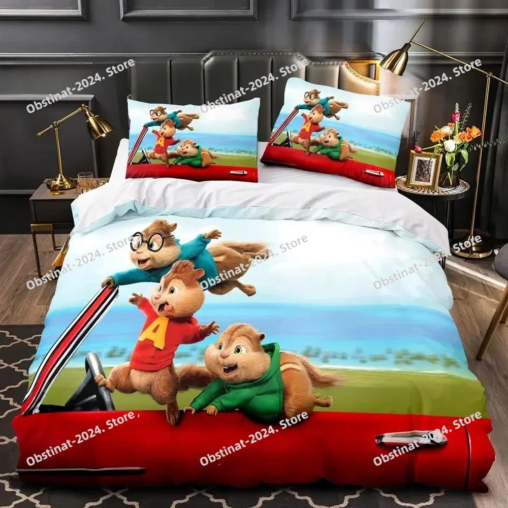 Set Biancheria da Letto 3D Cartone Animato C-Chipmunk A-Alvin Set Letto Stampato Copripiumino Lenzuolo Federa Letto Coperta Morbida Dimensioni Singolo Matrimoniale King