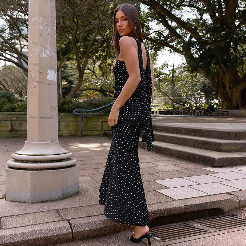 Women European Style Polka Dot Ribbon Strapless High Waist Slim Sexy Dress