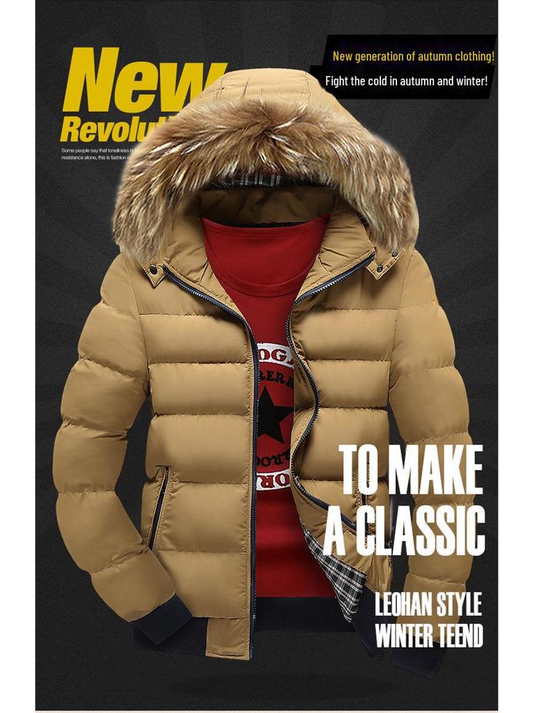 Cappotto da uomo con cappuccio e collo in pelliccia, caldo in cotone - Capispalla casual alla moda