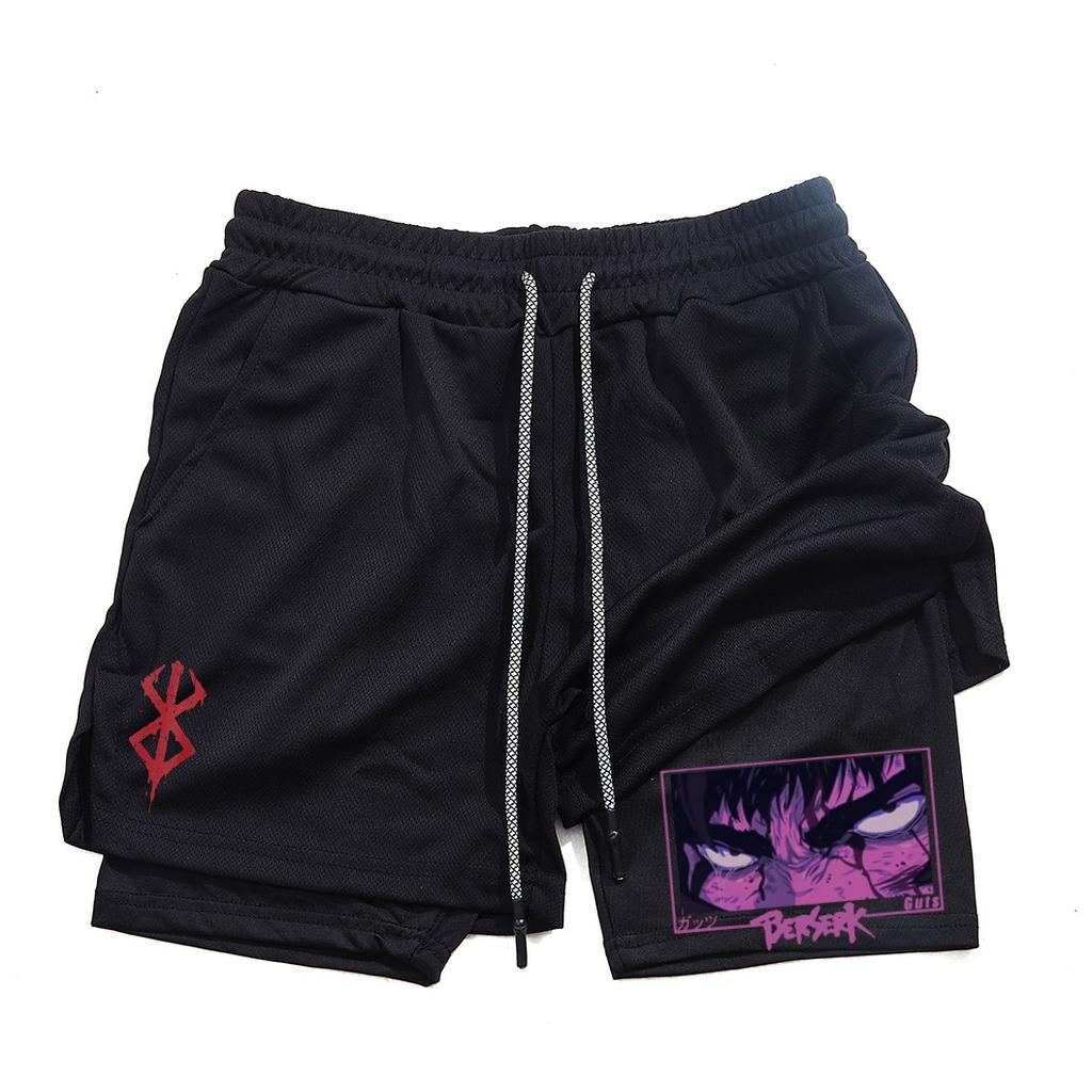 Pantalones cortos de gimnasio para hombre, ropa deportiva 2 en 1 de Anime para correr, trotar, entrenamiento, Yoga, baloncesto