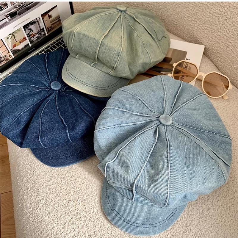 Japanese Simple Washed Denim Beret Women'S Spring Summer Literary And Retro Big Head Sunshade Octagonal Newsboy Cap Gorras