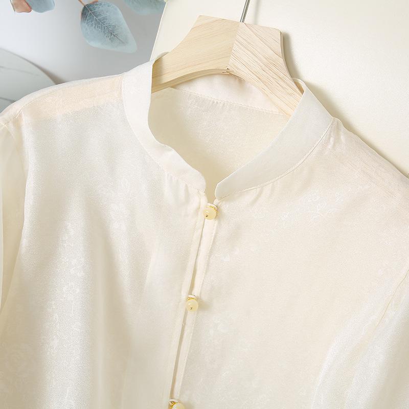 2025 High-End Faux Silk Jacquard Embroidered Top with Chinese Frog Buttons and Stand Collar for Women