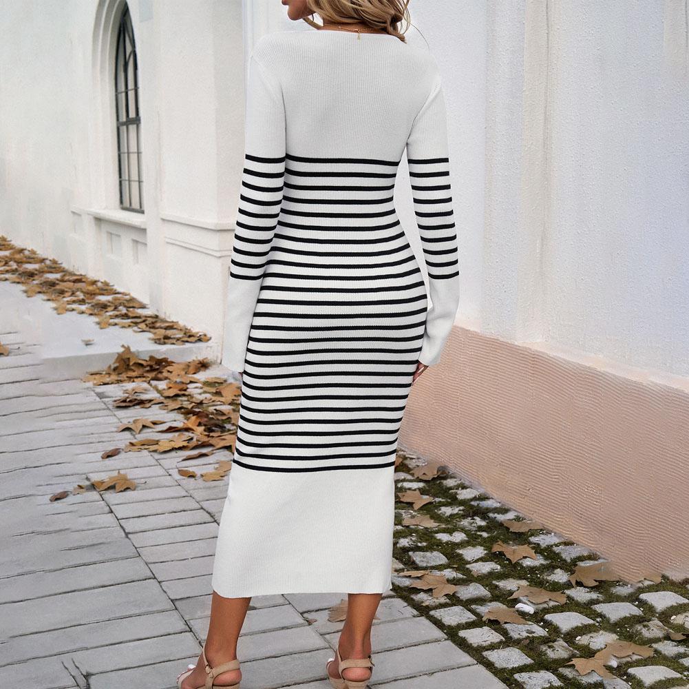 Fall Winter Lazy Wind Loose V-Neck Sweater Suit Women's Long Sleeve Knit Wide Dress