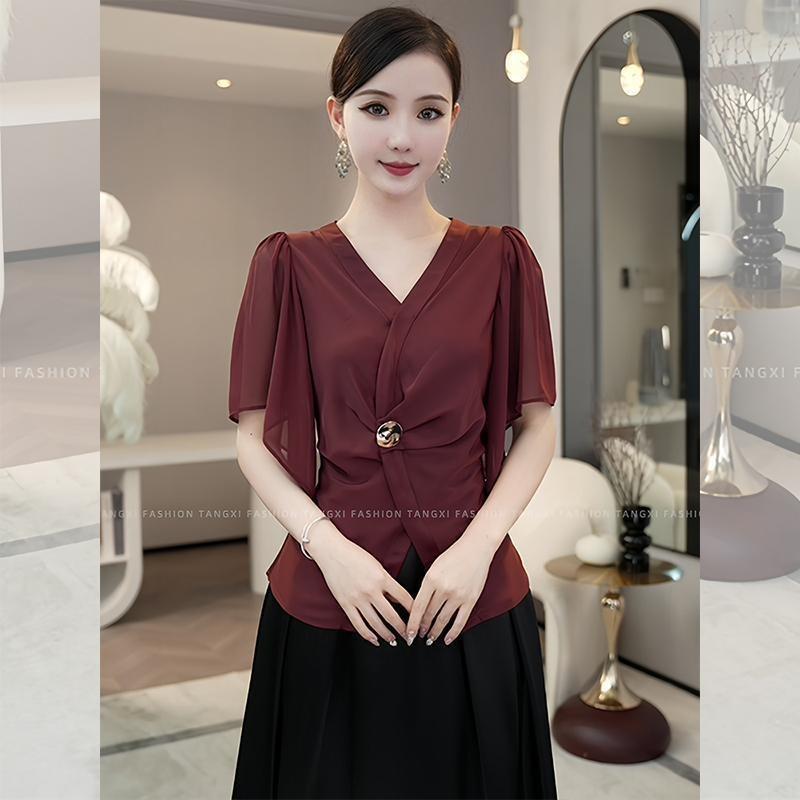 

Summer New Style Light Luxury Feminine Retro Burgundy V-neck Design Top for Women S бордовий