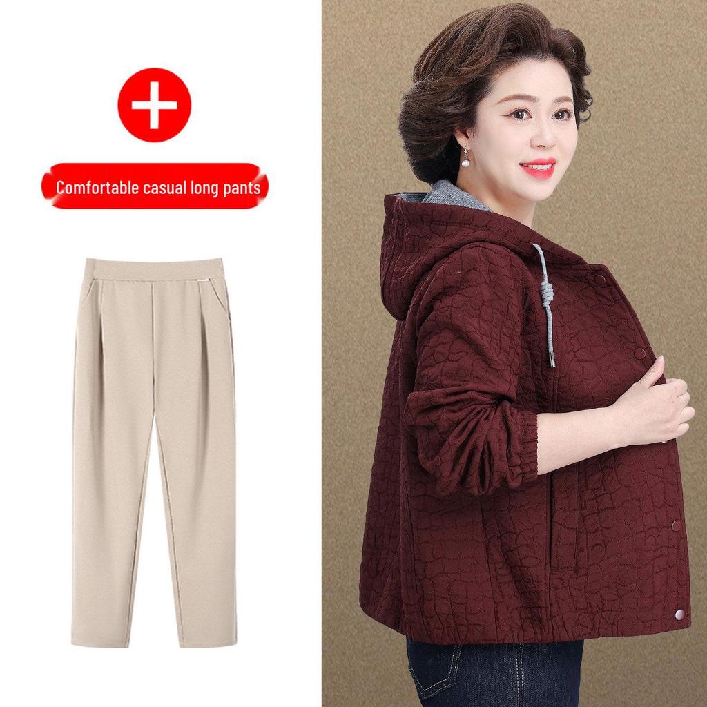 Spring Hooded Jacket & Wide-Leg Pants Set for Stylish Middle-Aged Women