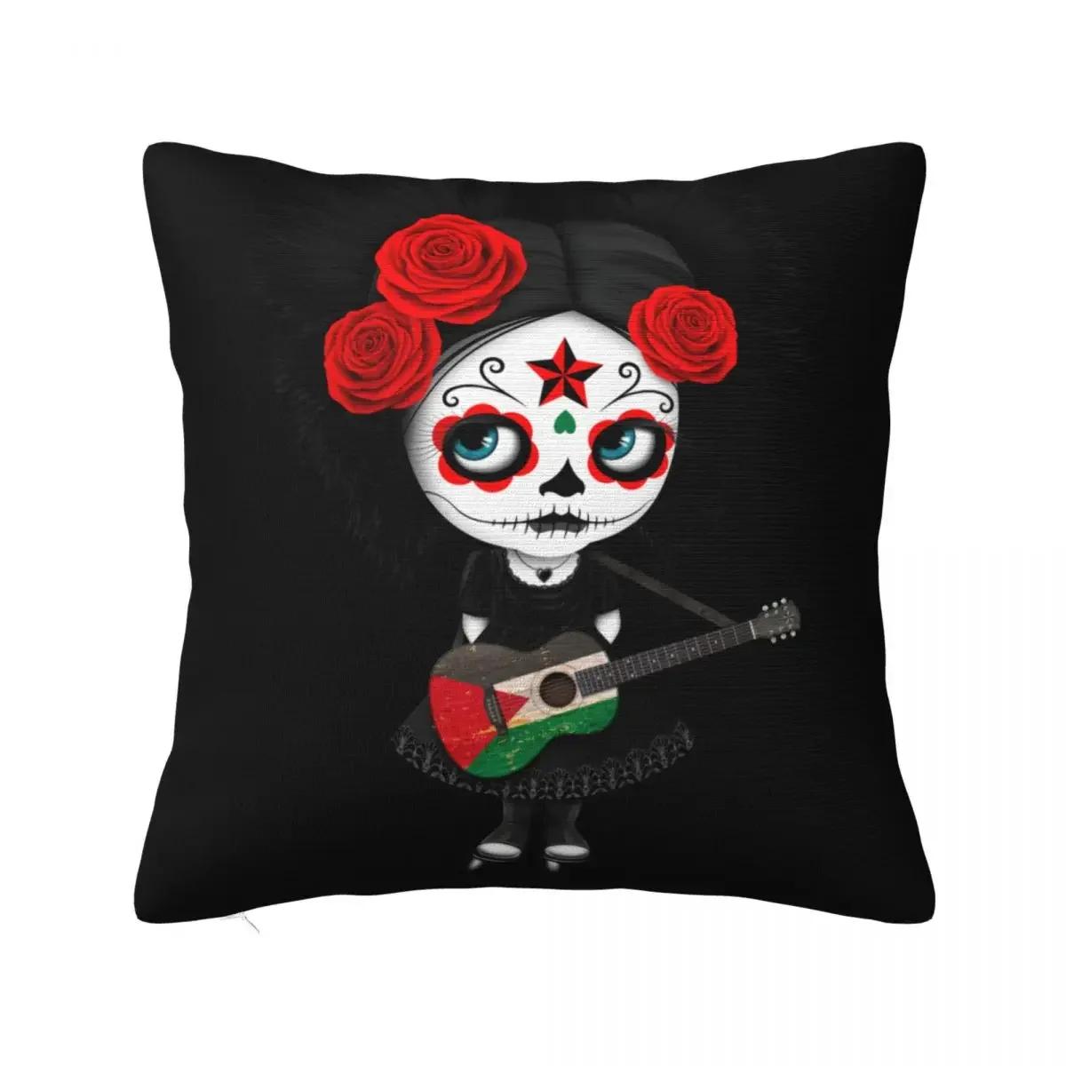 

Девушка Сахарный Череп Играет на Флаг-Гитаре Наволочка Чехол для Подушки Украшения Хэллоуин Ужасная Наволочка Чехол Дома 66x66cm бежевый