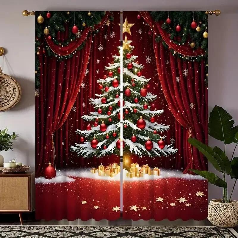

Christmas Tree Printed Curtains Pole Bag Bedroom Living Room Decoration Home Made Of Polyester Sitting Window Treatment W100*H70(CM)-Rod Pocket&1PCS