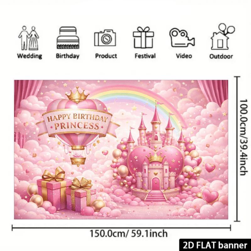 2d flat princess-style birthday theme background cloth with a pink fairy tale castle in the center of the picture