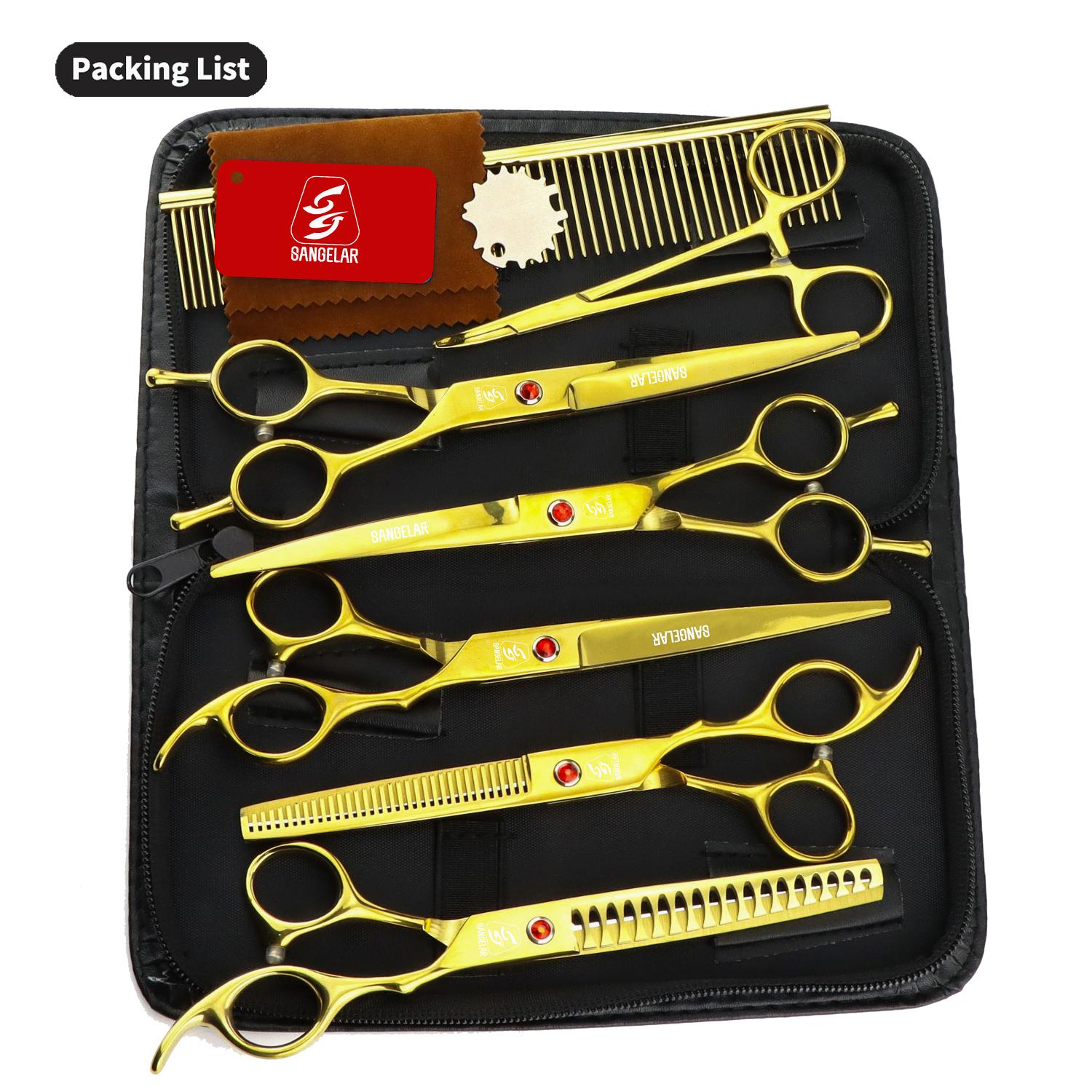 

SANGELAR Набор ножниц премиум-класса для ухода за домашними животными длиной 7 дюймов — включает прямые, изогнутые, филировочные ножницы, кровоостанавливающий зажим, расческу, 6 цветов в наличии золотой