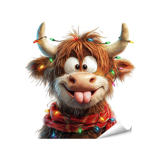 4Pcs/Set Christmas Highland Cow Window Cling Removable Waterproof Santa Hat Highland Cattle Static Glass Sticker Holiday Party Decoration Decal