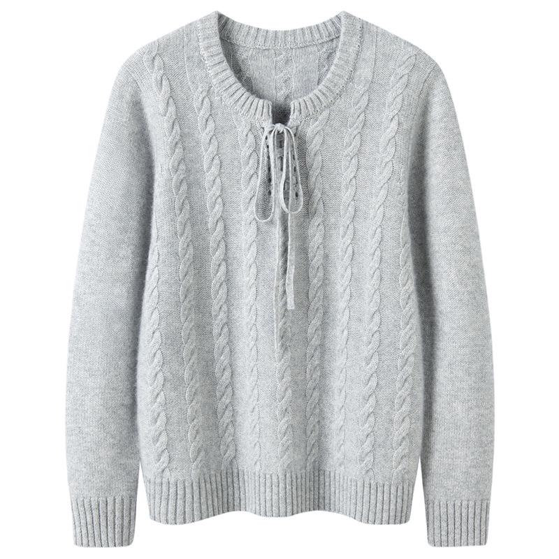 Women's Autumn/Winter 2026 Cashmere Cable Knit Lace-Up Sweater - Round Neck, Loose Fit, Slimming, Gentle Style.