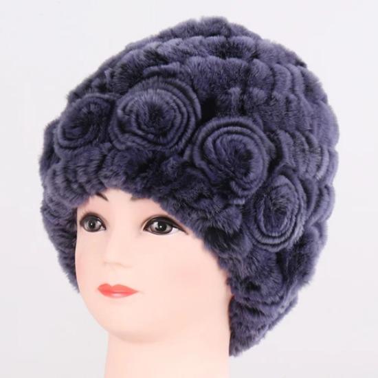 Hot Sale Winter Women Flower Striped Natural Real Fur Hats Lady Warm Knit Genuine Rex Rabbit Fur Caps Outdoor Fur Beanies Hats