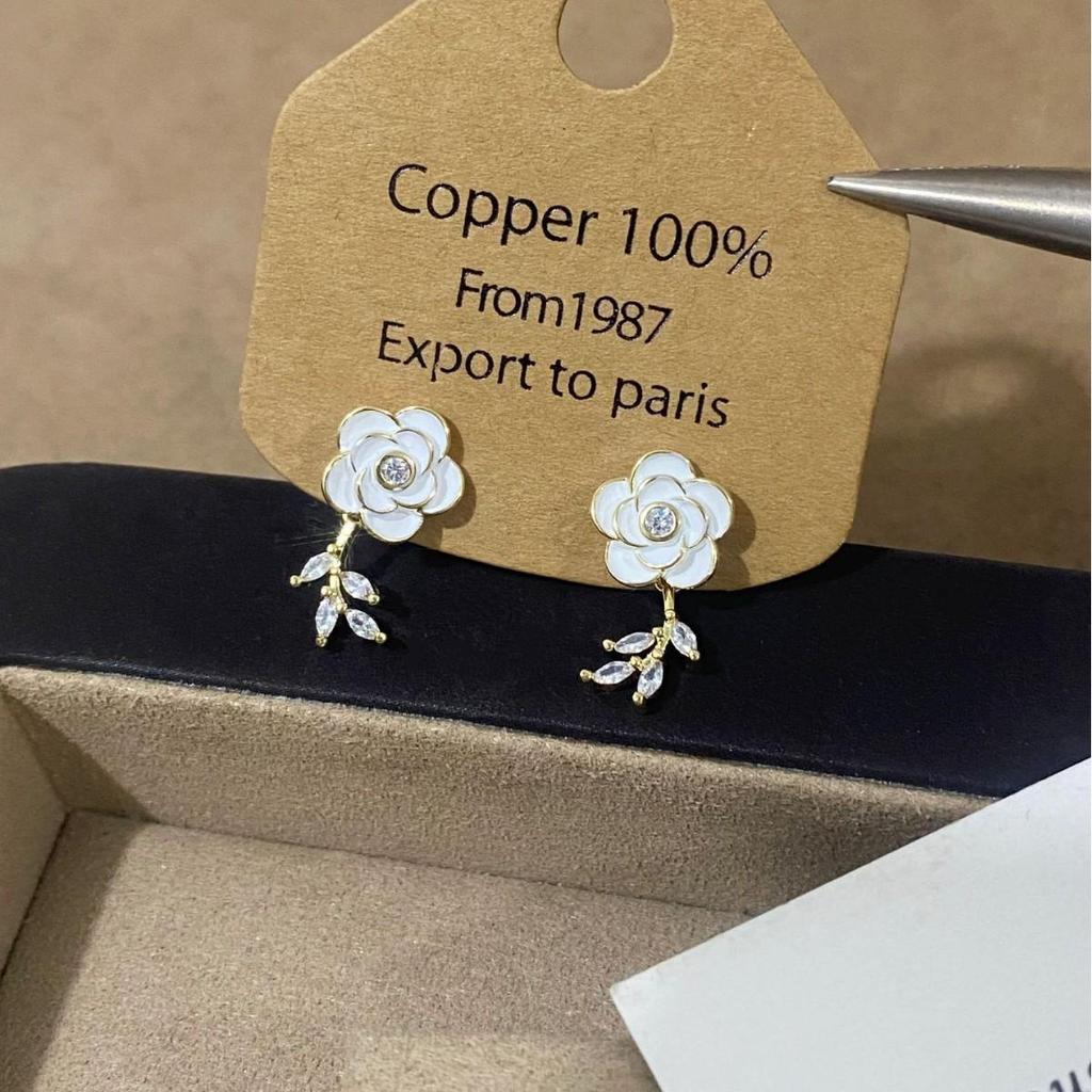 French White Camellia Zircon Stud Earrings: Luxurious, Unique, Exquisite High-End Ear Ornaments