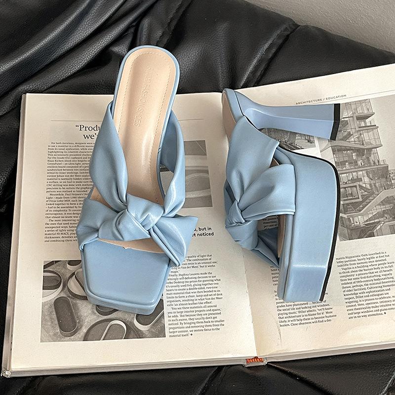 Fashion Temperament Bow Women's Thick Heel One-word Slippers Summer Retro Height Increase and Thin High Heel Cool Slippers