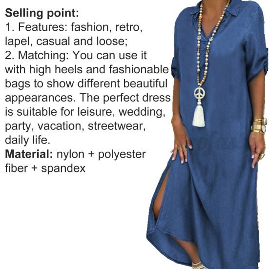 Women Half Sleeve Side Slitting Hem V-neck Loose Long Denim Dress Streetwear for Daily Life