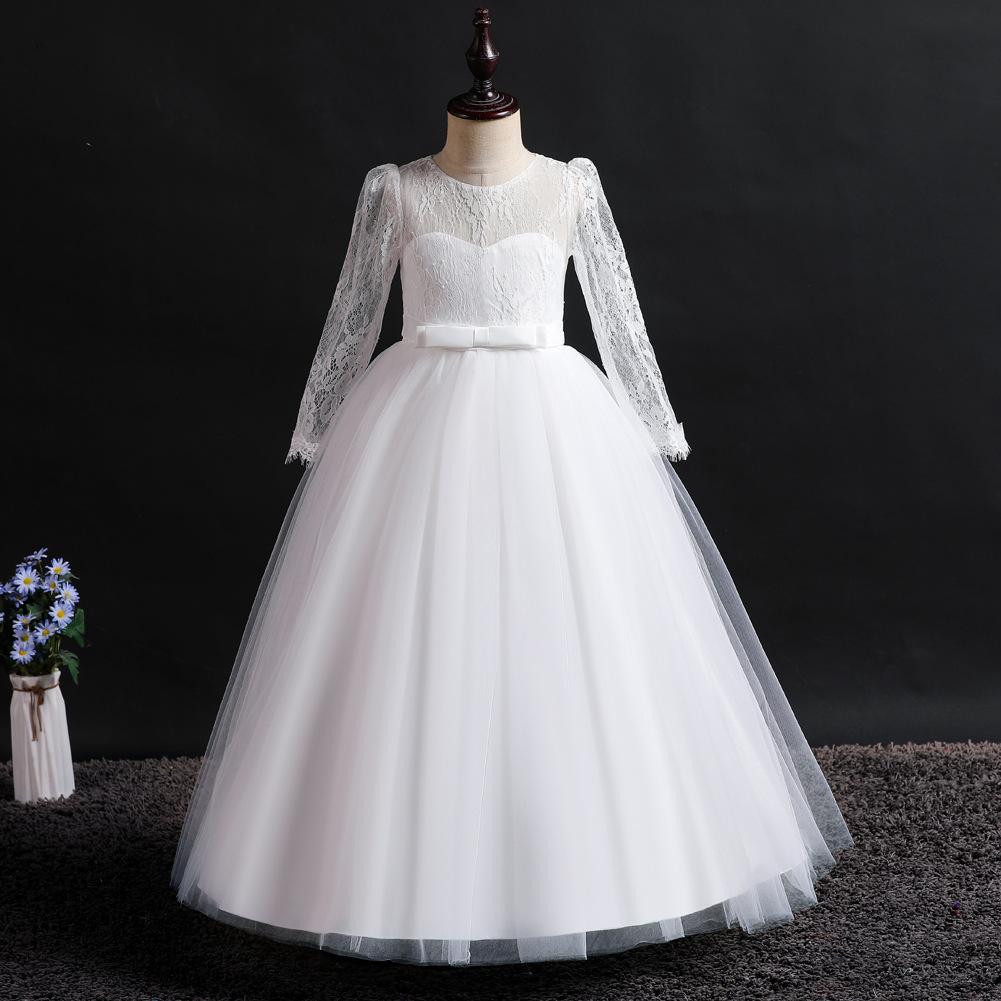 Girls' formal dress: long-sleeved lace puff-skirted princess dress for older children – perfect for emcees and performances