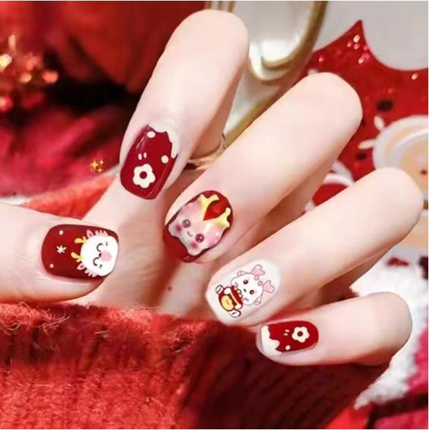 Festive Red Cartoon Dragon Nail Tips - Short Style Floral Design for Students