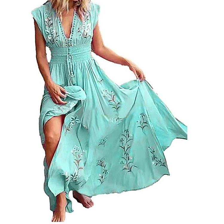 Women Bohemian Summer Floral Casual Loose Long Maxi Dress Beach Swing Short Sleeve