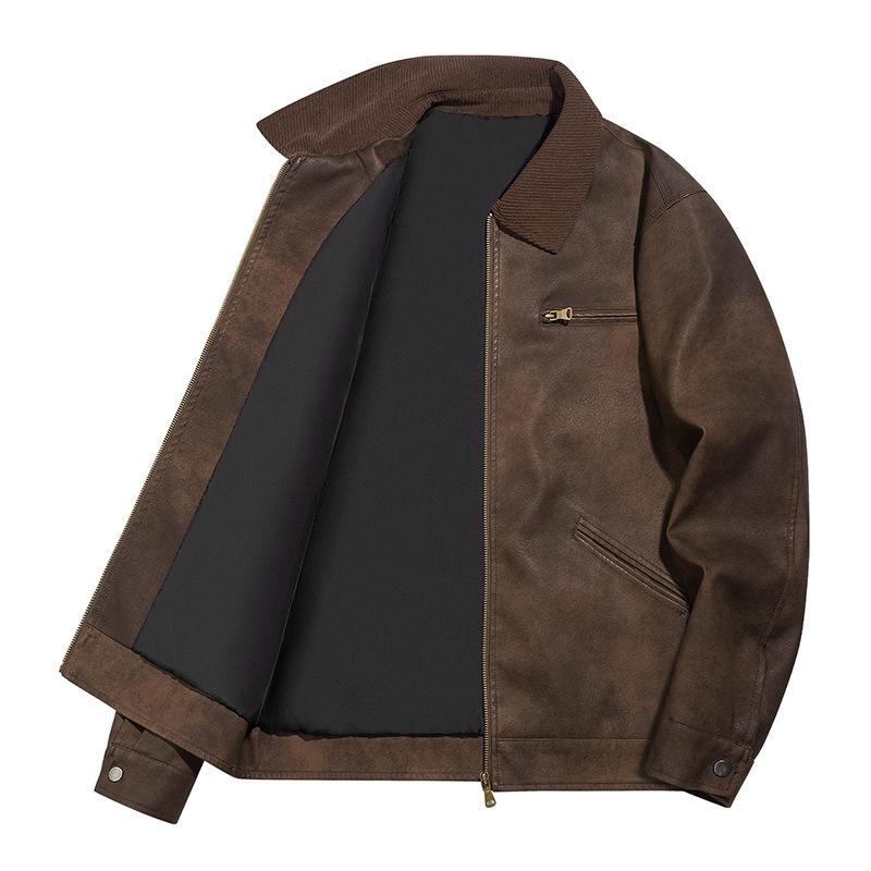 New PU leather jacket men's American retro tooling style hard and loose old money style street simple locomotive style