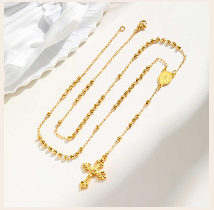 Rosary Beads Cross Necklace for Women, Stainless Steel Crucifix Virgin Mary Y Shape Necklaces Jewelry
