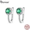 BAMOER Platinum Plated Green Cubic Zirconia 925 Silver Hoop Earrings, Elegant Solitaire Round Huggie Fashion Earrings
