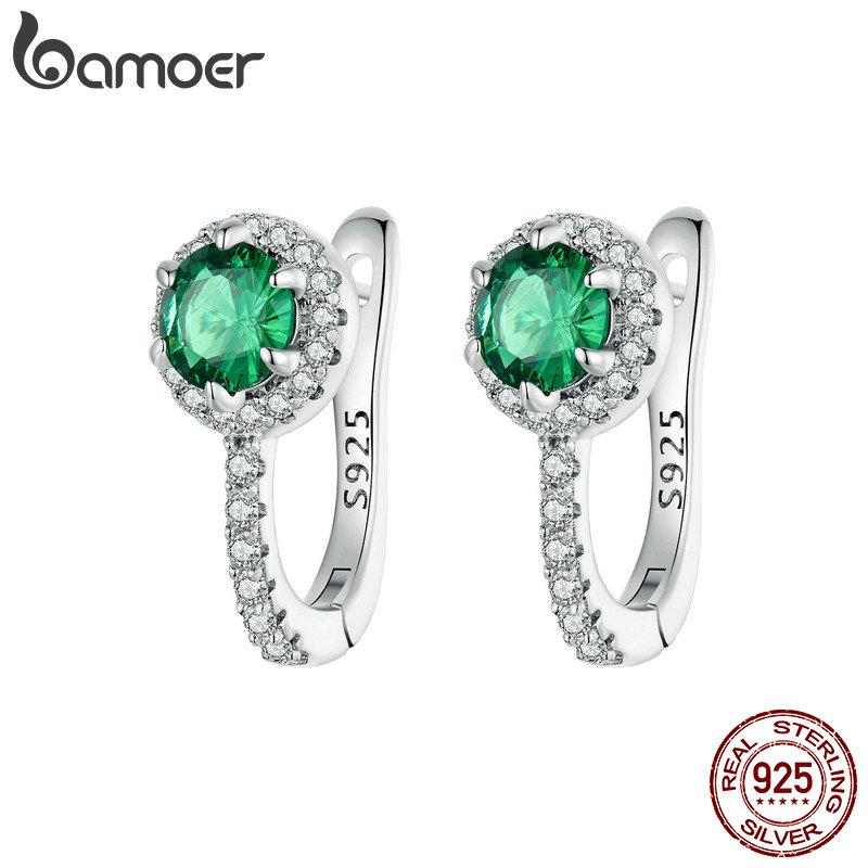 BAMOER Platinum Plated Green Cubic Zirconia 925 Silver Hoop Earrings, Elegant Solitaire Round Huggie Fashion Earrings