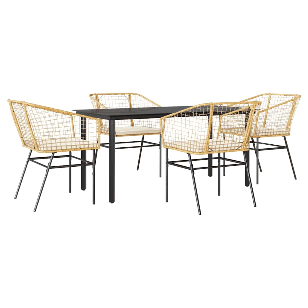 5 Piece Outdoor Dining Set with Cushions Brown Poly Rattan & Glass