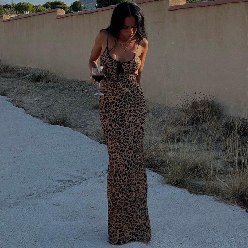 

Sexy Leopard Print Print Chest Date Strap Dress Brown L