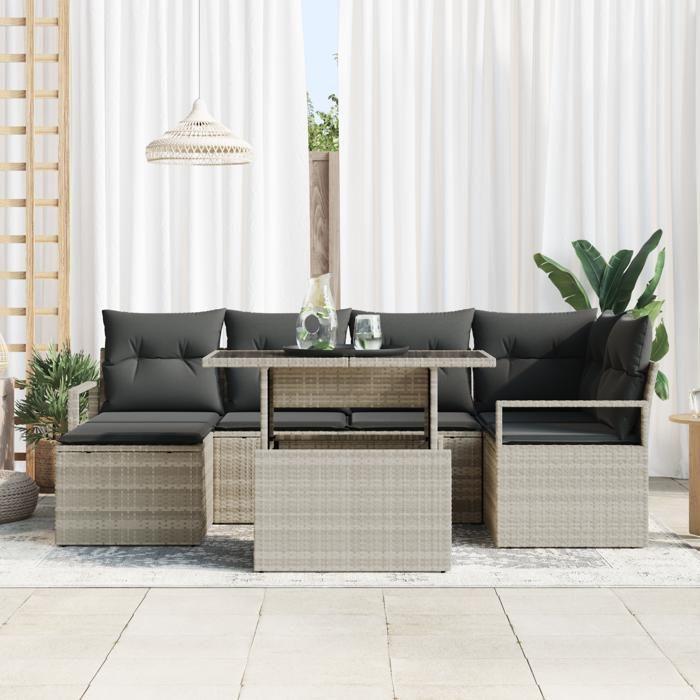 Ensemble de canapé de jardin 7 pièces avec coussins gris clair en rattan poly, Canapé de jardin 2 places avec coussins gris 3348858