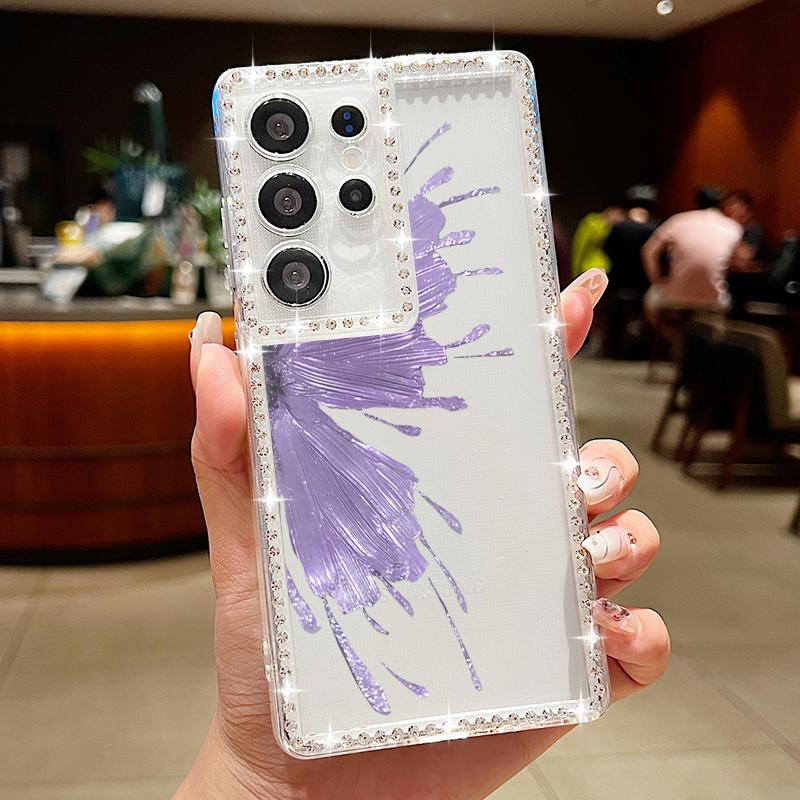 Diamond Frame Soft Silicone Shockproof Case For Samsung S25 Ultra S24 FE S23 S22 A16 A56 A36 A15 A55 A35 Butterfly Print Clear Phone Cover