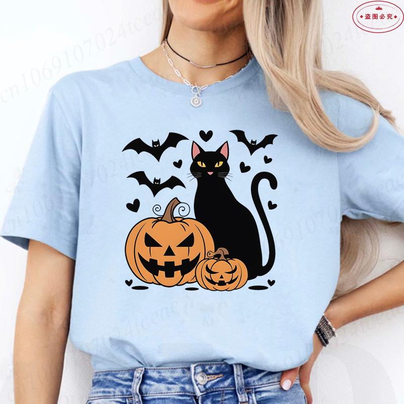Black Cat Halloween Print Unisexs Summer Tshirt Casual Clothing Oversized Y2k Personality Short Sleeve Tops Spooky Season Tees