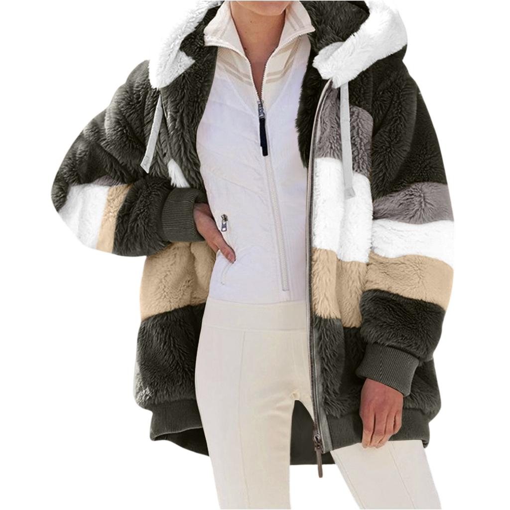Women's Fashionable Plush Patchwork Zipper Pocket Hooded Long Sleeved Loose Warm Jacket